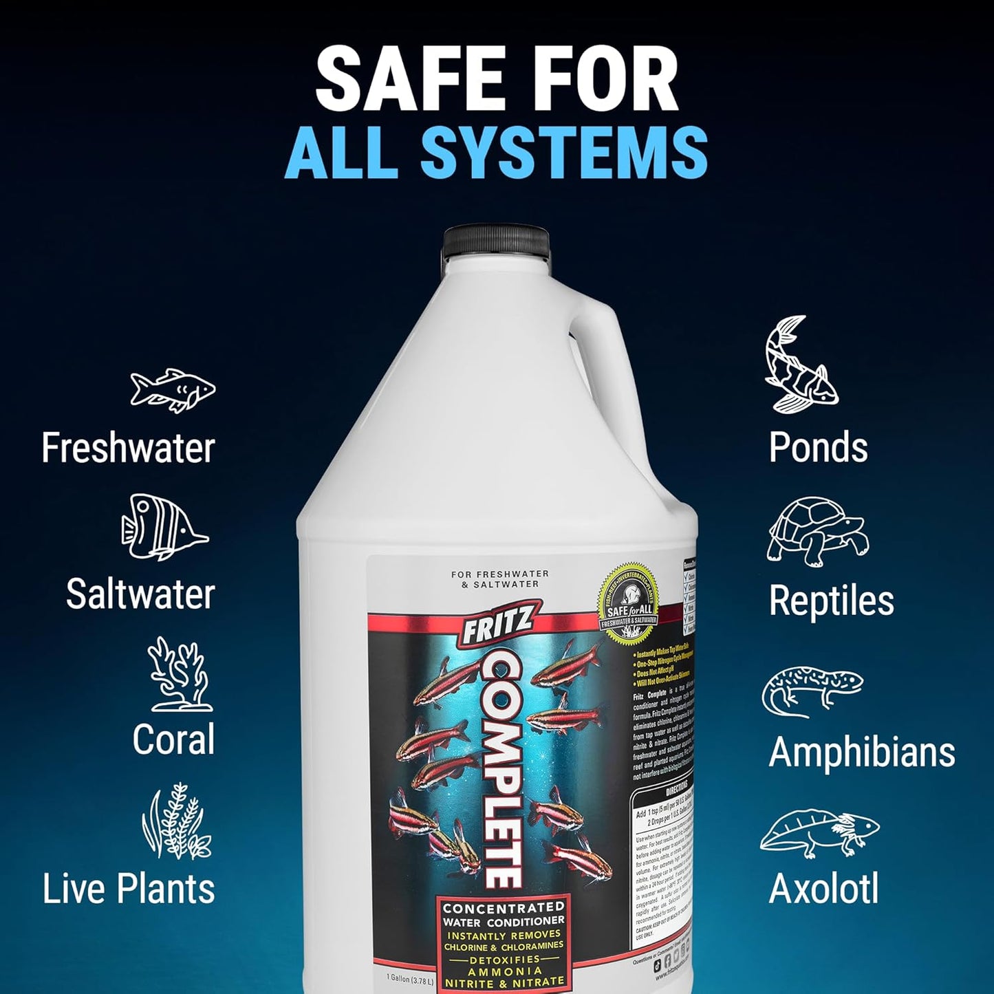 Fritz Complete – Concentrated Water Conditioner/Tap Water Dechlorinator, Instantly Detoxifies Chlorine, Chloramines, Heavy Metals, Ammonia, Nitrite/Nitrates, for Fresh and Saltwater (1 Gal)
