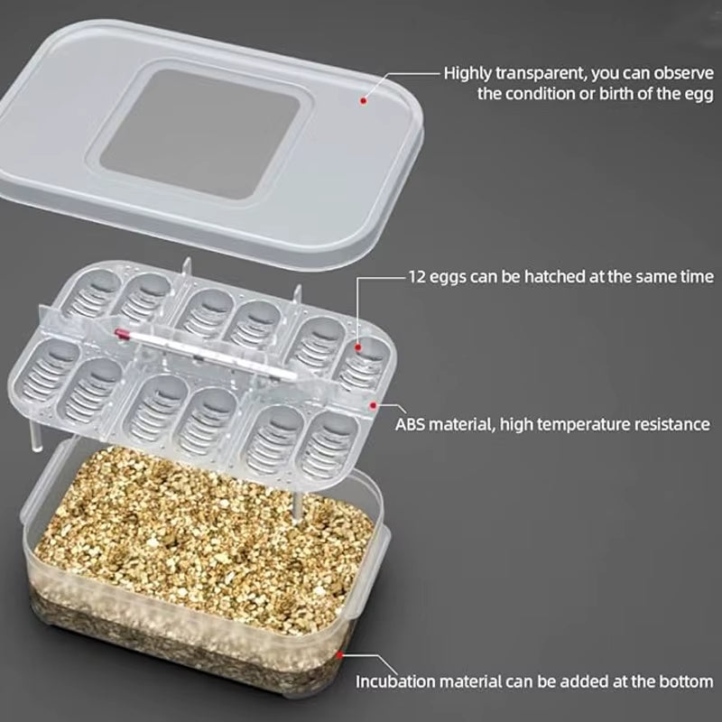 12 Grids Reptile Egg Tray Incubator Eggs Tray Tool with Thermometer Reptile Breeding Box Reptile Incubation Box Hatching Snake