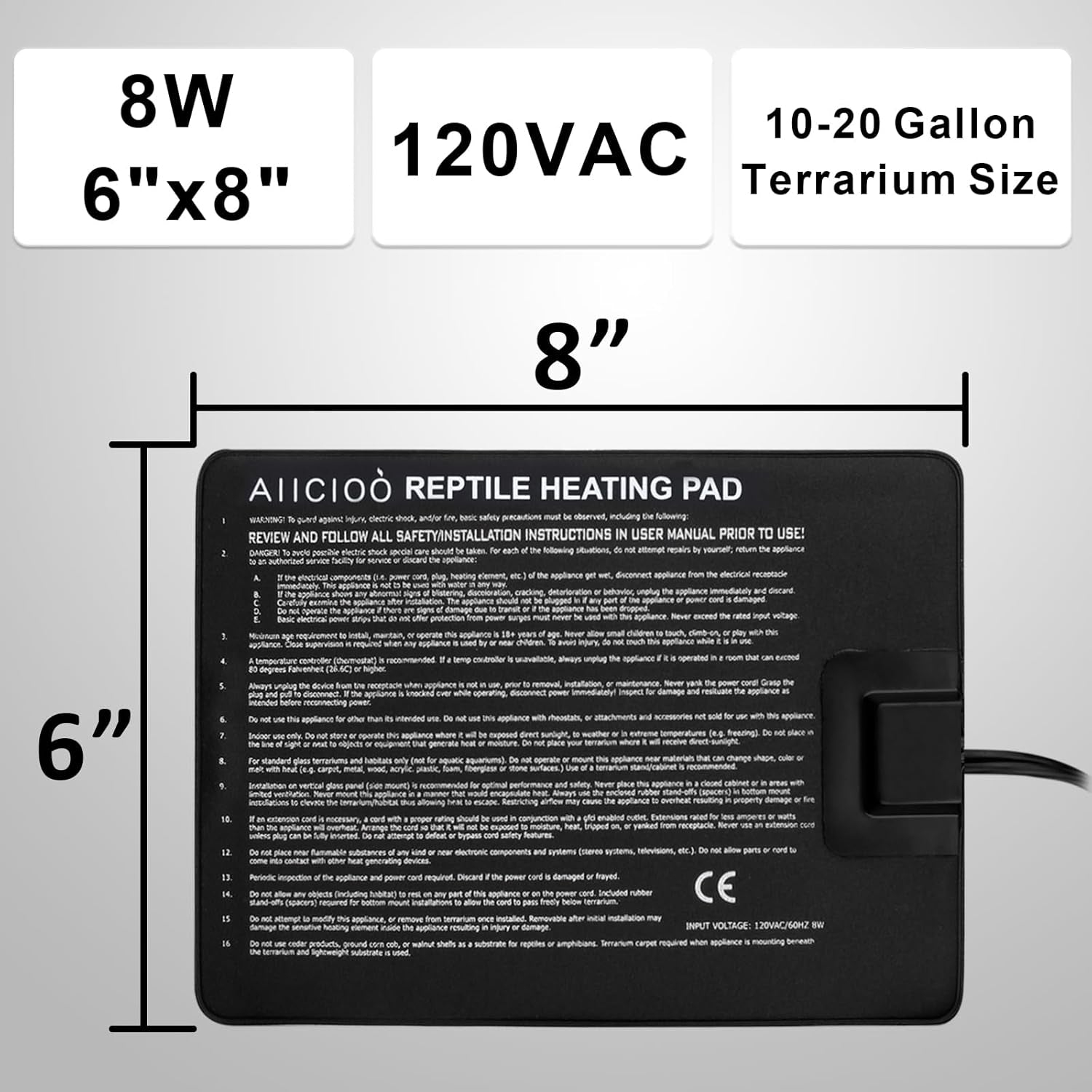 Reptile Heating Pad - Hermit Crab Heater Heat Mat for Reptiles Snake Lizard Terrarium 8 Watt