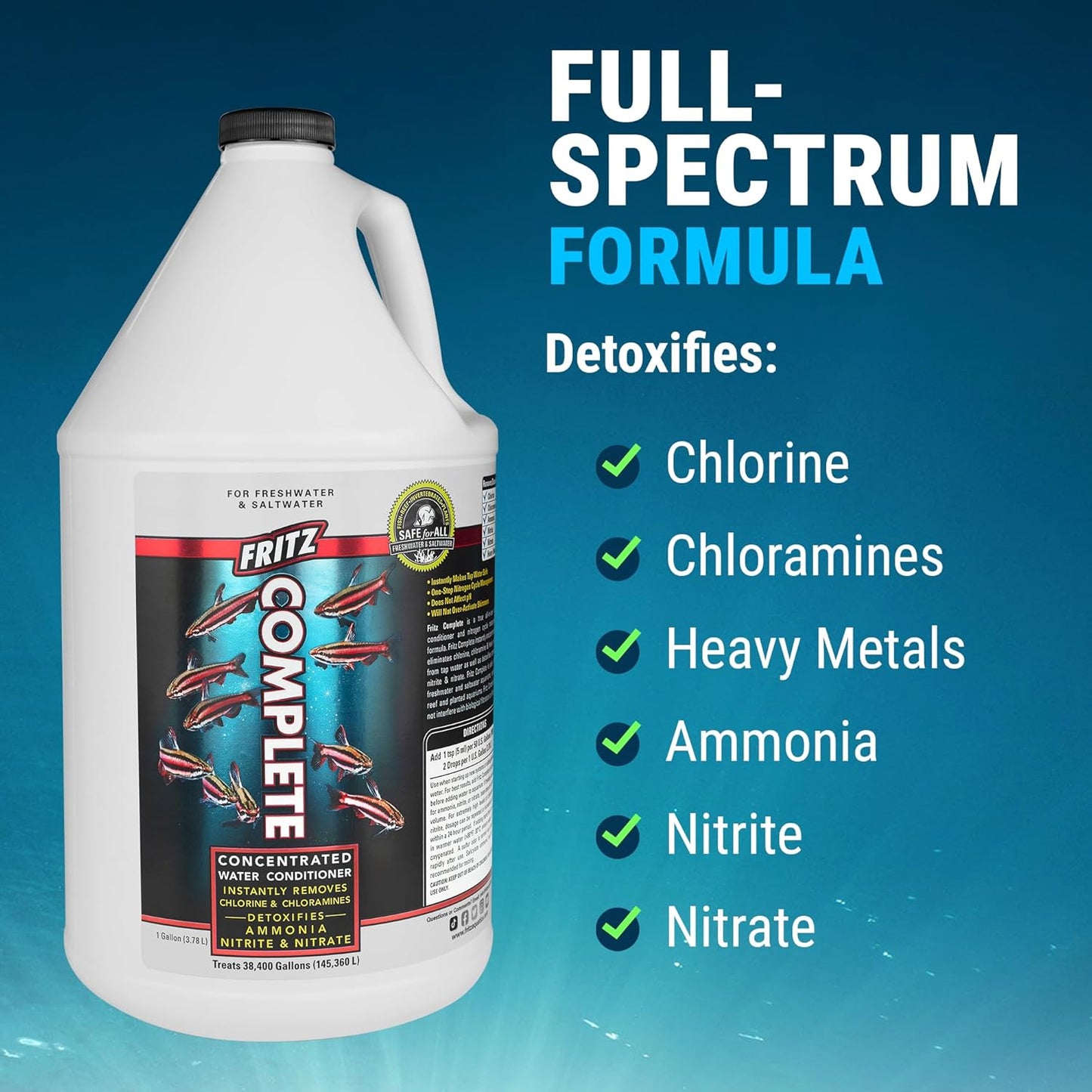Fritz Complete – Concentrated Water Conditioner/Tap Water Dechlorinator, Instantly Detoxifies Chlorine, Chloramines, Heavy Metals, Ammonia, Nitrite/Nitrates, for Fresh and Saltwater (1 Gal)